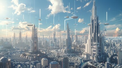 An advanced city skyline featuring floating platforms, towering structures, and a dynamic, clear sky. A visual representation of future architecture and transportation.