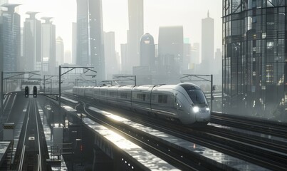 Fototapeta premium High-speed train traveling through a modern cityscape