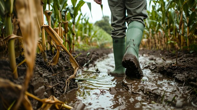 Landwirt mit gr&uuml;nen Gummistiefeln auf dem Acker. Regen und Feuchtigkeit auf dem Feld am Bauernhof. Feld in der Landwirtschaft unter Wasser.