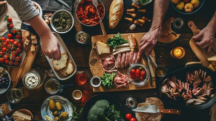 Two people preparing a meal with various ingredients and kitchen tools.