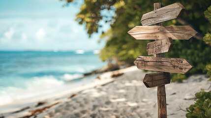 Focused on a blank wooden signpost with five arrow signs, on an empty island beach
