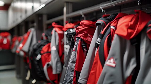 Hanging hooks above each locker hold jerseys and equipment bags.