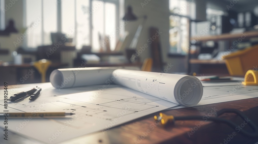 Poster a well-equipped workstation with drafting tools and architectural drawings, indicative of creativity