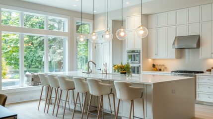 A modern kitchen island with white bar stools a view of the outdoors and contemporary decor