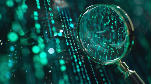 Realistic frosted glass magnifier enhancing coding pattern on dark background in green and turquoise