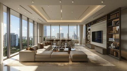 A modern living room with a sectional sofa coffee table and ottoman overlooking a city skyline through large windows