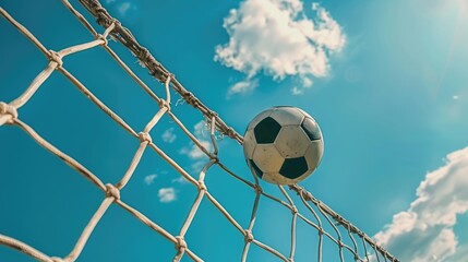 Soccer ball in net under blue sky conveying football team exercise with room for text