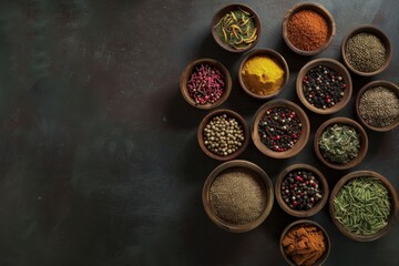 A collection of different spices in bowls on a table.