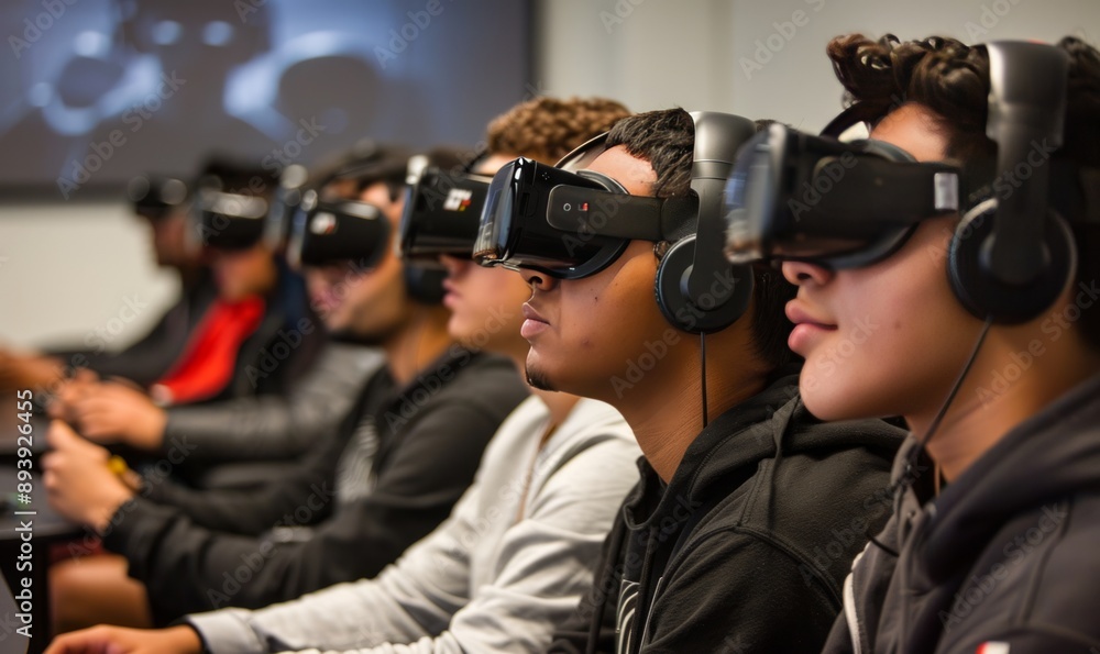 Poster students attending a virtual reality class with immersive learning