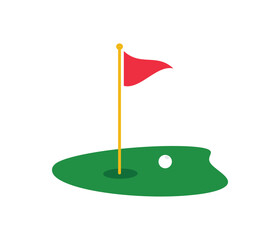 Golf green course  with flag or flagstick and golf ball vector icon for sports app and web