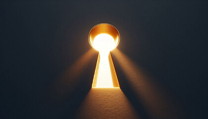 Golden light shining through keyhole creates dramatic effect - Concept for security