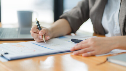 Analyzing the Numbers: A businesswoman's hands meticulously review financial documents, her pen...