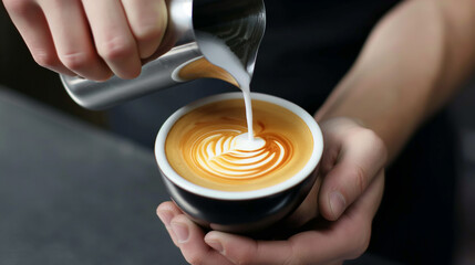 A person is pouring milk into a coffee cup with a heart design