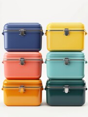 Colorful stackable storage containers in green, yellow, and blue.