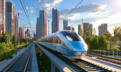 Naklejka premium High-speed train traveling through a modern cityscape
