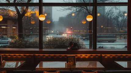 A man is sitting at a table in a restaurant with a view of the street