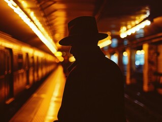 Mysterious man in trench coat and fedora, waiting for a train. Atmospheric station with neon lights. Subway platform ambiance.