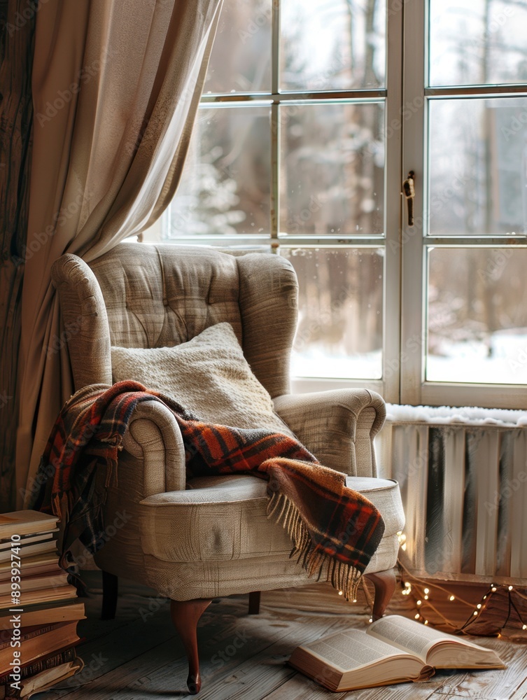 Aufkleber this image depicts a warm and inviting winter reading nook. a comfortable armchair with cushions is 