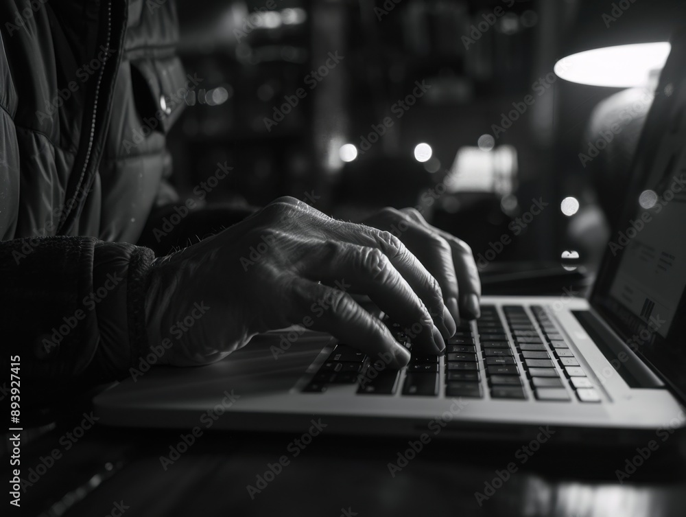 Poster the image shows hands actively typing on a laptop computer. this scene is indicative of work, study,