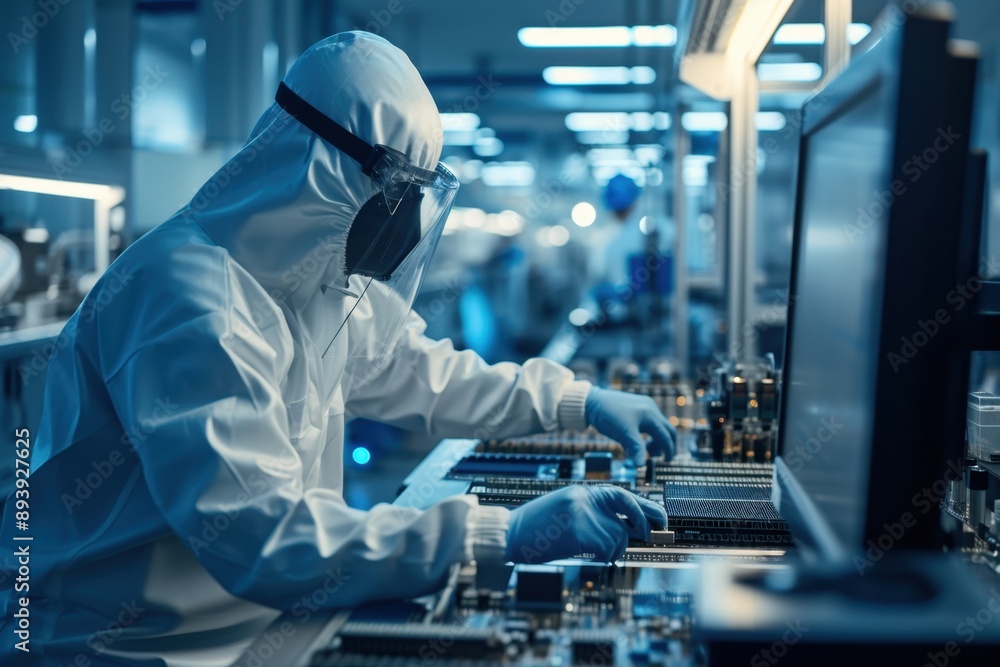 Aufkleber scientist in lab coat working with electronic devices and computer.