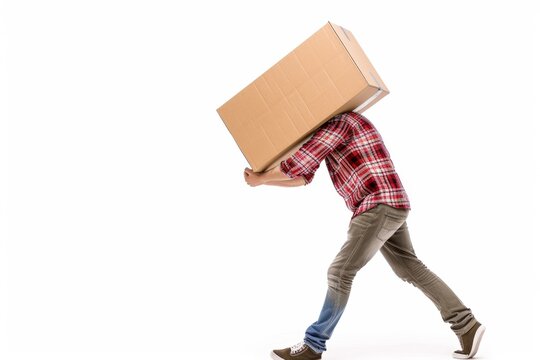 Man carrying a large cardboard box on his shoulder against white background. Casual attire, red plaid shirt. Concept of effort, moving, delivery services. Horizontal image. Generative AI