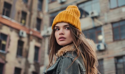 Obraz premium Portrait of a street fashionista posing against an urban backdrop