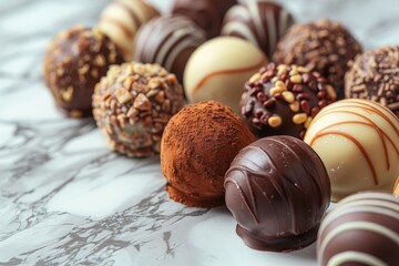 Artisanal chocolate truffles displayed on a marble surface.
