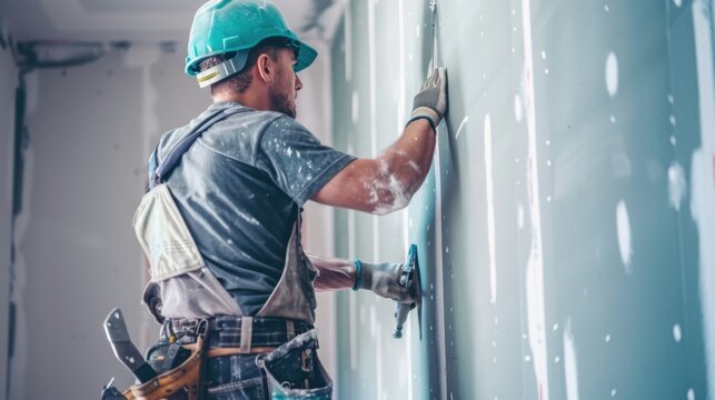 A professional construction worker wearing a blue safety helmet and work gear, installing drywall on an interior wall.