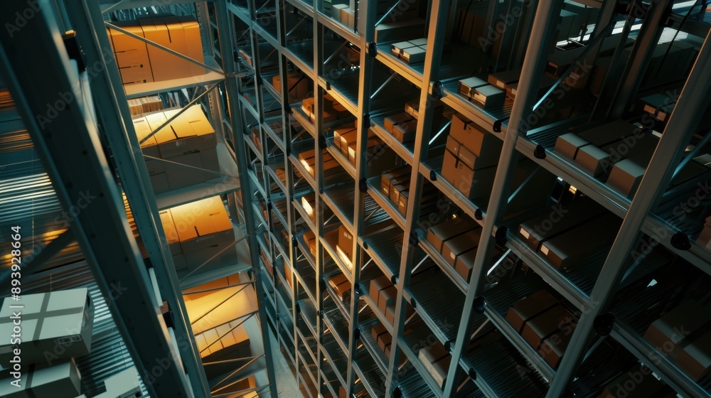 Poster inside a large industrial factory with steel structures and scaffolding. high angle shot of multiple