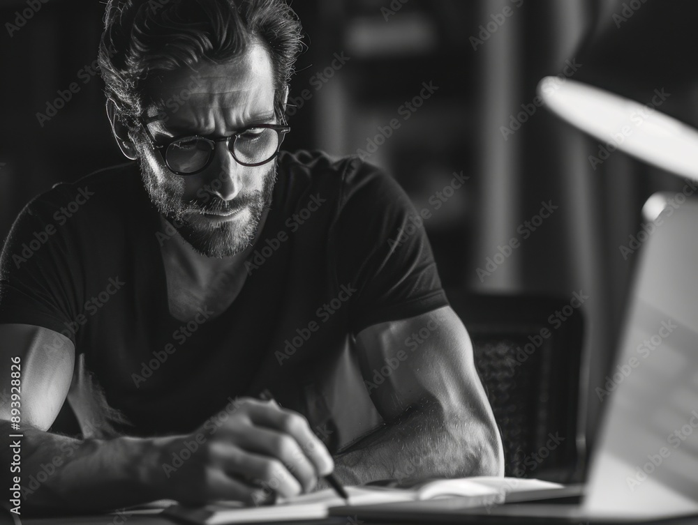 Poster man in glasses focused on writing, with computer and desk setup around him.