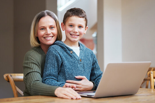 Laptop, education and portrait of mother with child for online learning, school project and lesson. Family, happy and mom with boy on computer for help for research, homework and assignment in home