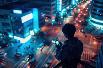Fototapeta premium City street at night with traffic lights, buildings and illuminated signage