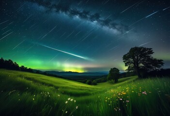 bright meteor shower illuminating peaceful meadow night, stars, field, serene, nature, landscape, glowing, celestial, event, astronomy, grass, beautiful, scene,