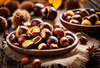 roasted chestnuts rustic wooden traditional winter snack outdoors, food, delicious, fresh, seasonal, warm, healthy, organic, fire, street, market, season