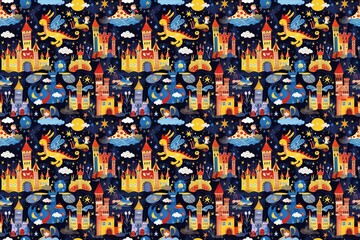 Enchanting pattern of castles, dragons, and fairies in a magical starry night, evoking childhood whimsy