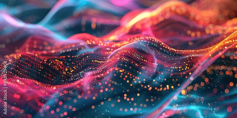 Poster glowing neon abstract design with wave-like patterns, resembling digital fire or energy waves. this 