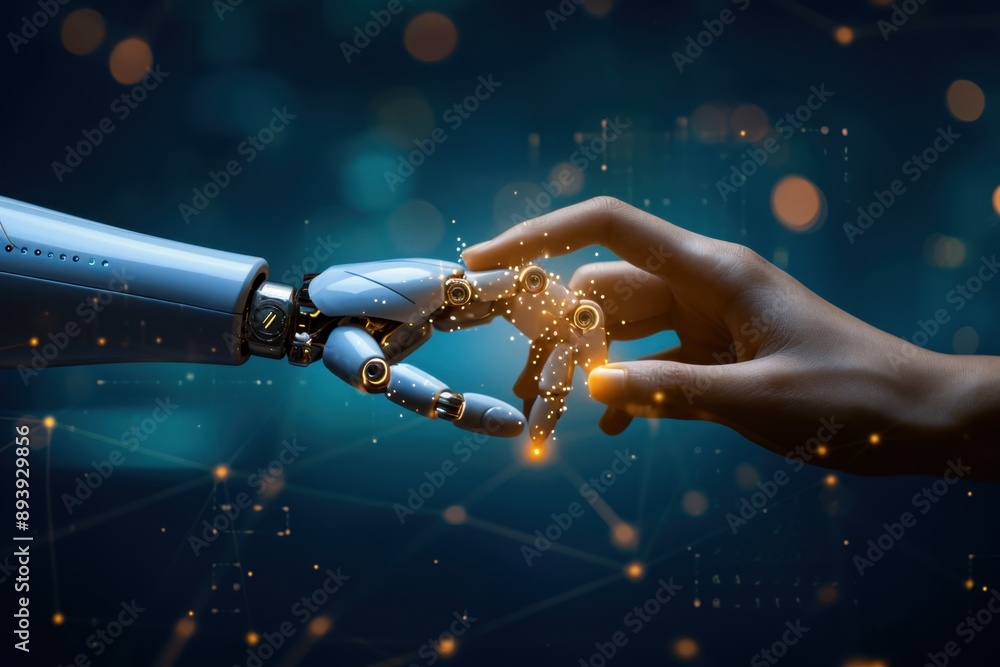 Poster hands of a human and a robot meet in an abstract digital space, symbolizing the interface between hu