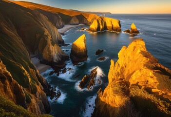 golden light illuminating coastal cliffs, sea, ocean, shore, rocks, sunset, nature, landscape, horizon, view, beautiful, majestic, tranquil, peaceful