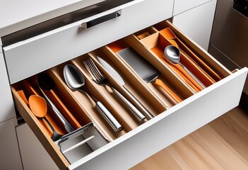 premium kitchen drawer dividers organizers set displayed white background, storage, compartmentalizers, arrangement, sleek, cabinet, shelf, separators