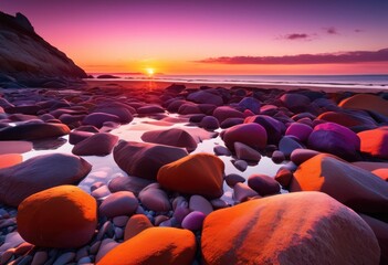 Obraz premium sunset coastal rocks illuminated setting sun, painting, shoreline, seascape, ocean, water, horizon, sky, clouds, nature, scenery, landscape, dusk, evening