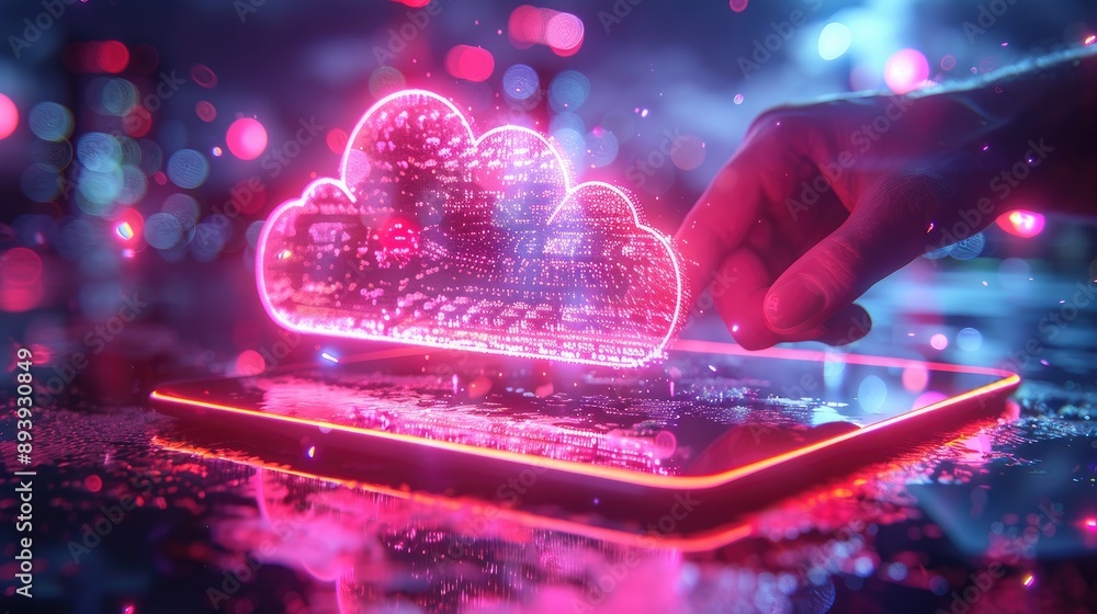 Poster a neon-lit representation of a cloud hovering above a tablet, symbolizing cloud technology and data 