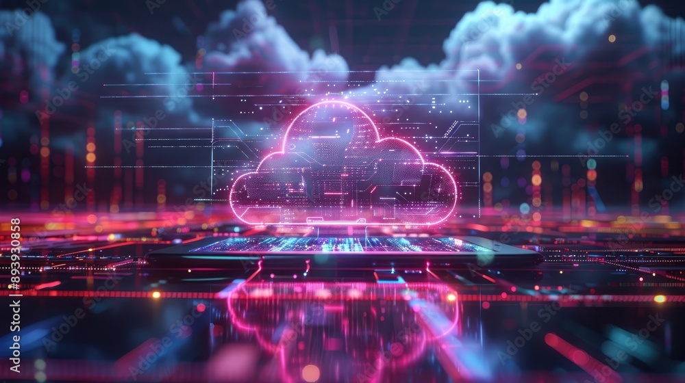 Poster a stylized neon cloud hovering above a tablet in a digital environment, symbolizing cloud computing,