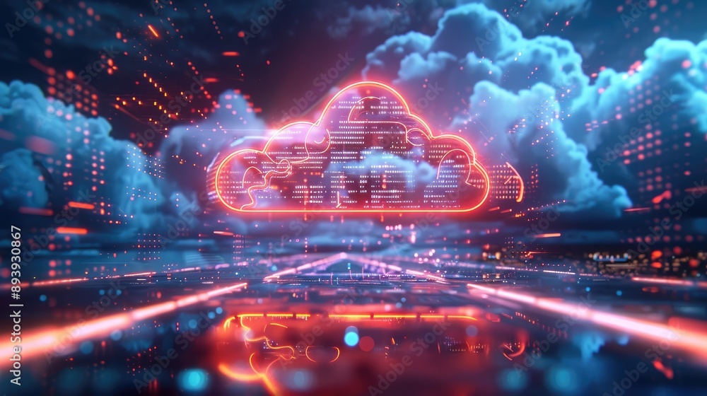 Poster a stylized neon cloud hovering above a tablet in a digital environment, symbolizing cloud computing,