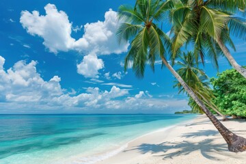 Obraz premium Ideal natural scenery for summer break: palm trees on tropical island beach against cobalt sky, white clouds, and teal waters