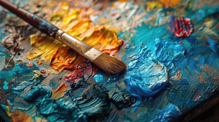 Obraz premium Close-up of a paintbrush resting on a palette with vibrant and colorful paint smudges. The image showcases the texture and richness of the paint