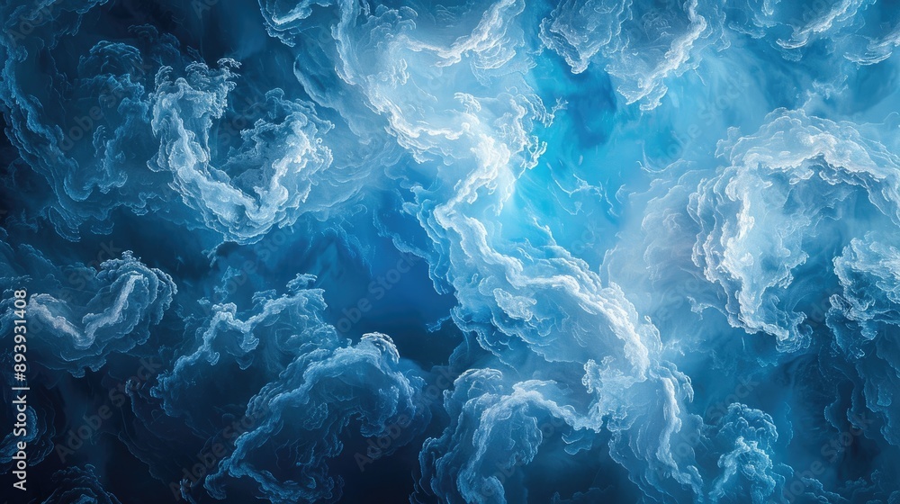Poster a mesmerizing pattern of clouds in varying shades of blue and white, creating a dreamy and ethereal 