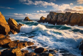 Fototapeta premium ocean waves crashing rocky outcrop, water, splashing, coastal, shore, natural, landscape, power, movement, scenic, seascape, rugged, formation, erosion