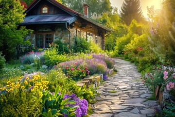 Traditional Countryside Cottage With a Stone Pathway and Garden With Blooming Flowers