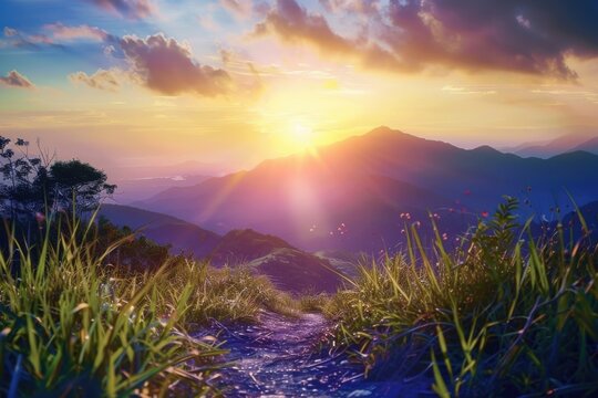 Morning motivation: close-up view of a vibrant sunrise over the mountains, symbolizing fresh starts with a scenic nature trail background