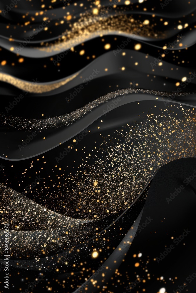Poster the image displays a backdrop of dark, flowing fabric with intricate gold sparkles that add a glamor